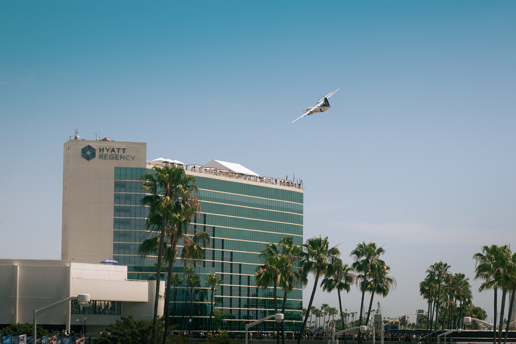 An aircraft banks above the Hyatt Regency and palm trees at the Long Beach Grand Prix.